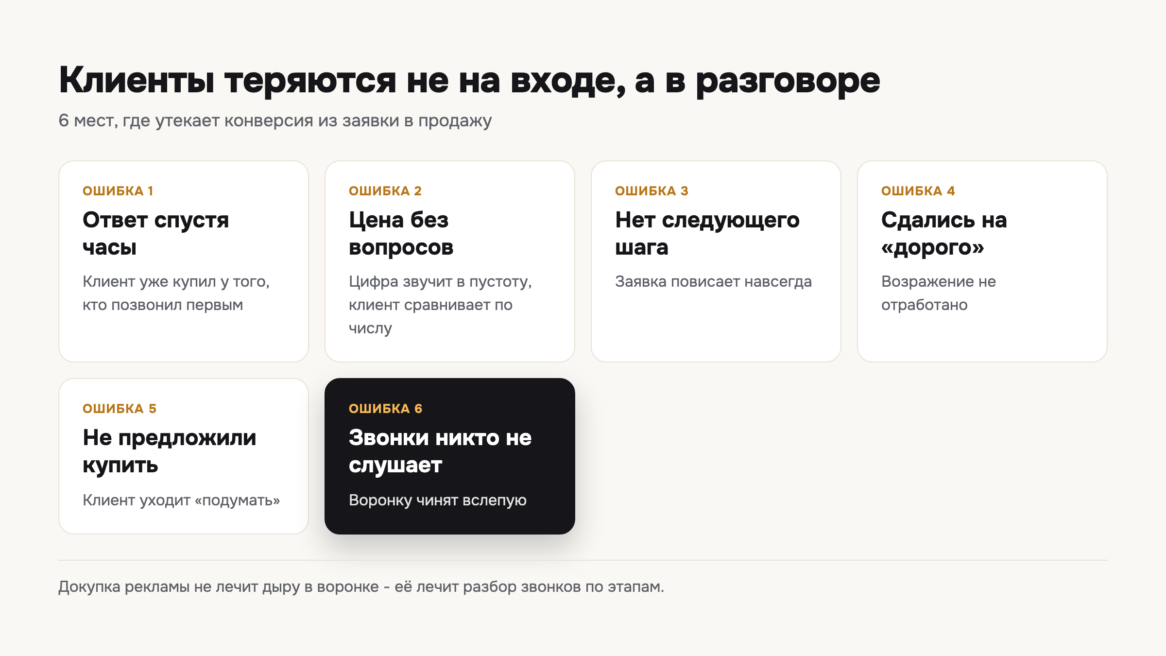 Шесть мест воронки, где конверсия из заявки в продажу теряется чаще всего.